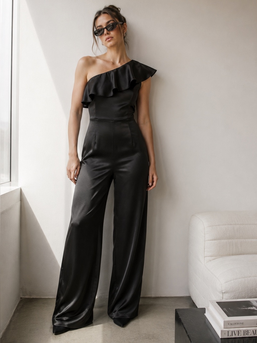 Savanna Jane Black off the shoulder flare leg jumpsuit size M CBK minimalist